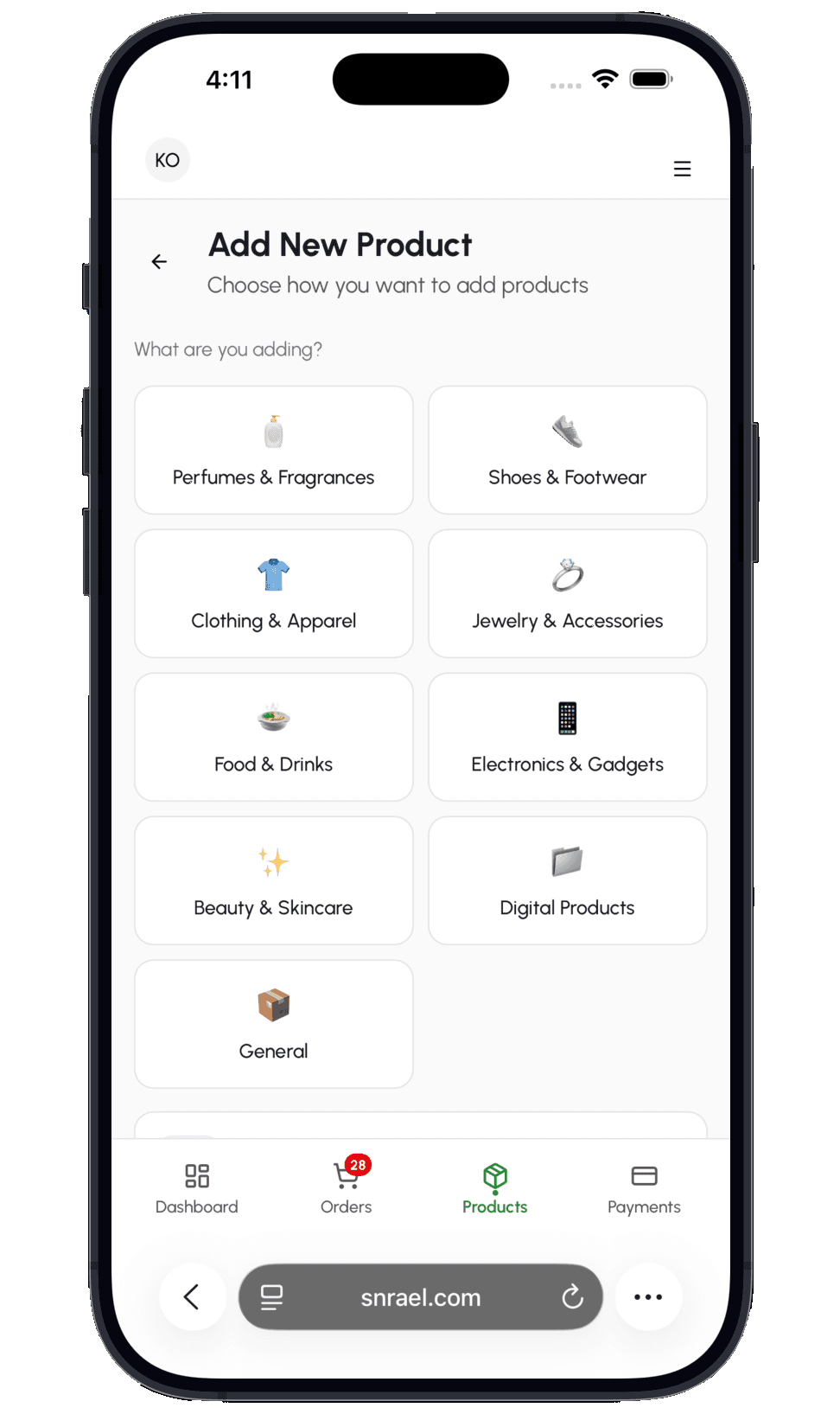 Add product screen showing product categories on Snrael