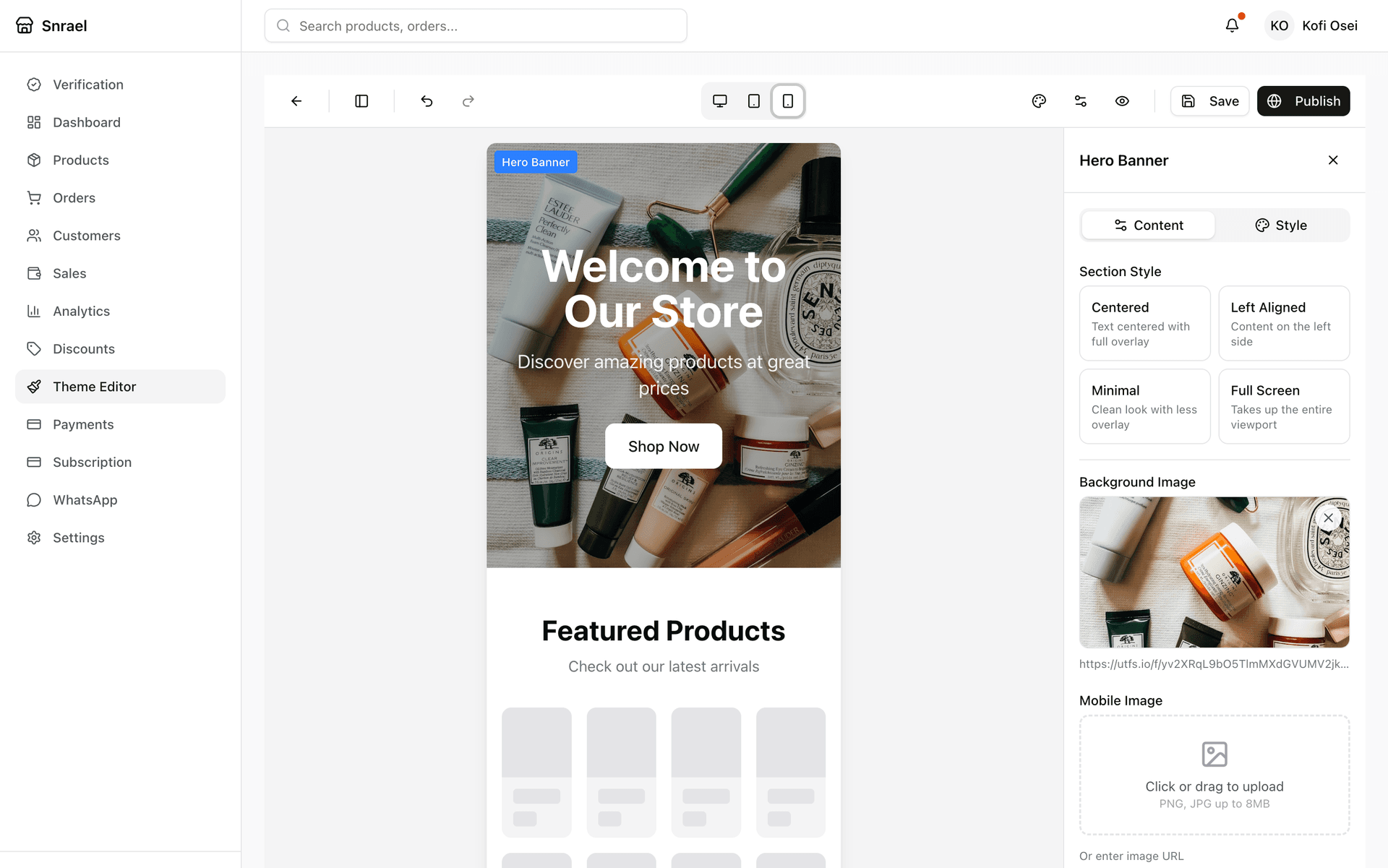Snrael merchant dashboard with theme editor