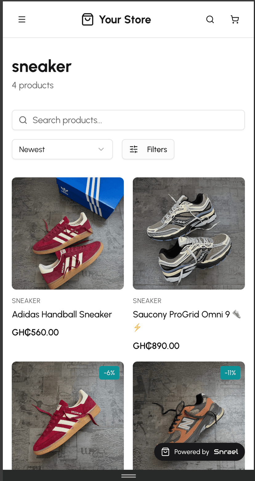 Snrael mobile storefront showing sneaker products